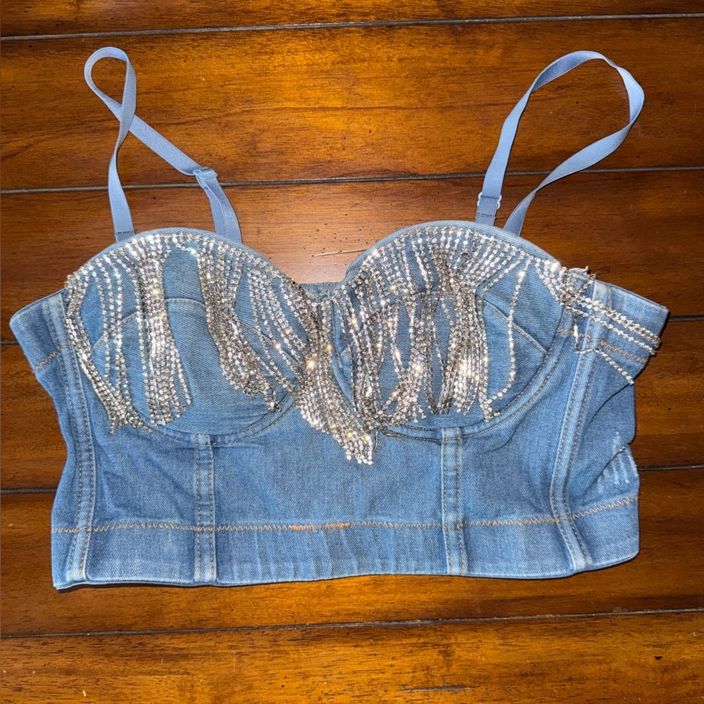 Blue Denim Bustier with Silver Fringe